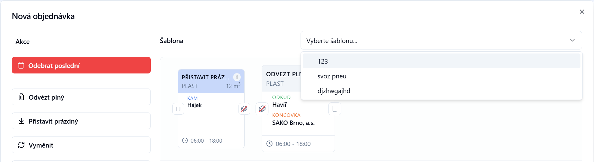 Obrázek formuláře s výběrem šablon pro tvorbu objednávek